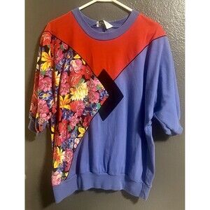 Vintage 90s Top Womens 2X PLUS Blue Red COLORBLOCK Floral KAWAII Something More